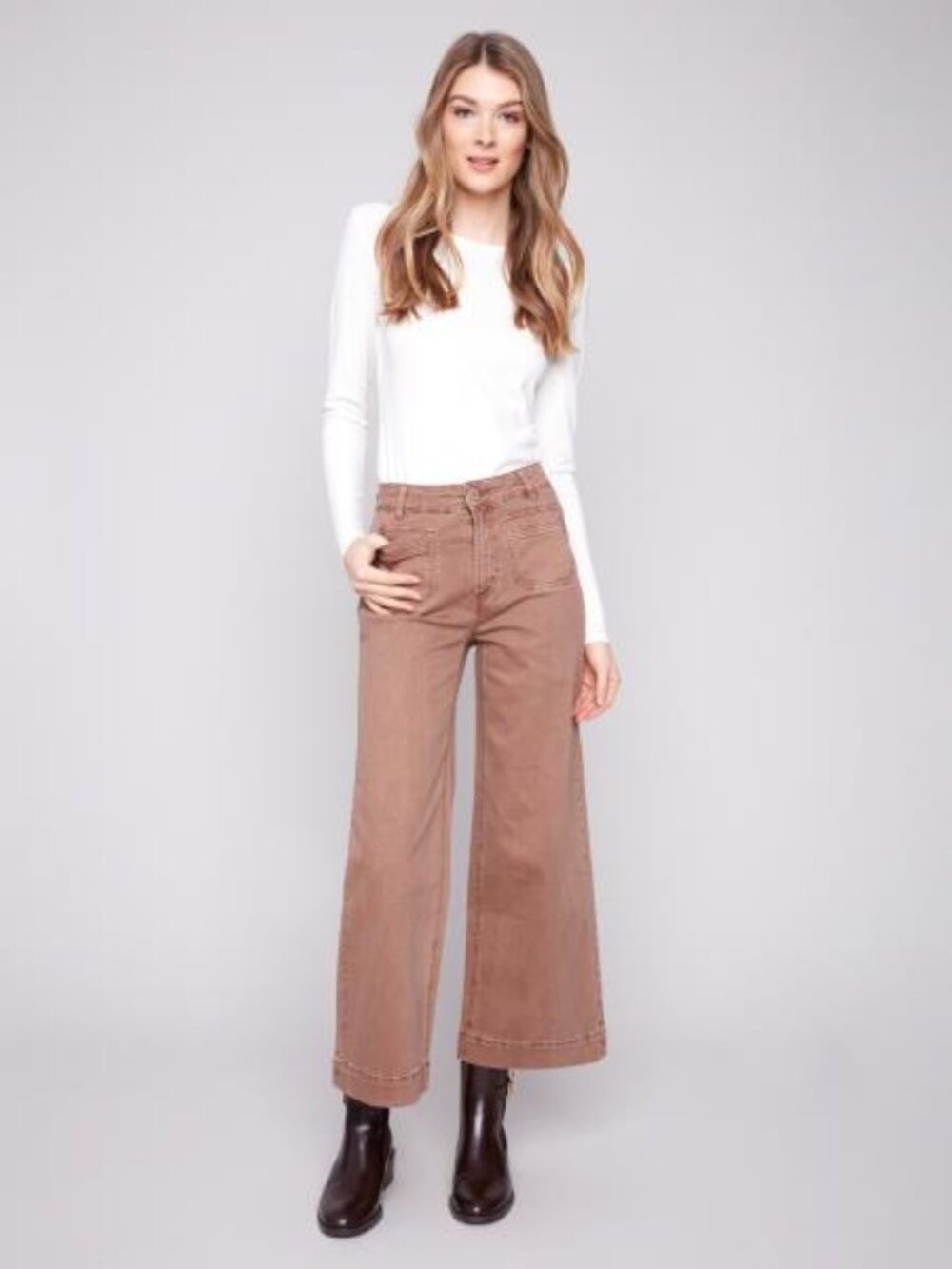 Charlie B Cropped Patch Product Flare Twill Pant -Truffle